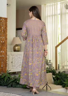 Women cotton printed round nack 3/4 sleeves calf length flared kurta pant and dupatta set 2