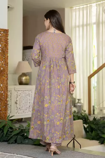 Women cotton printed round nack 3/4 sleeves calf length flared kurta pant and dupatta set