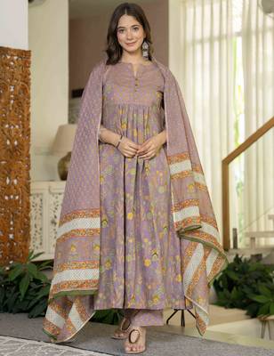 Women cotton printed round nack 3/4 sleeves calf length flared kurta pant and dupatta set 4