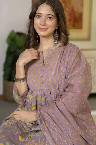 Women cotton printed round nack 3/4 sleeves calf length flared kurta pant and dupatta set