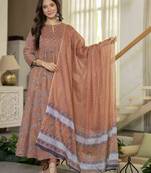 Women cotton printed round nack 3/4 sleeves calf length flared kurta pant and dupatta set