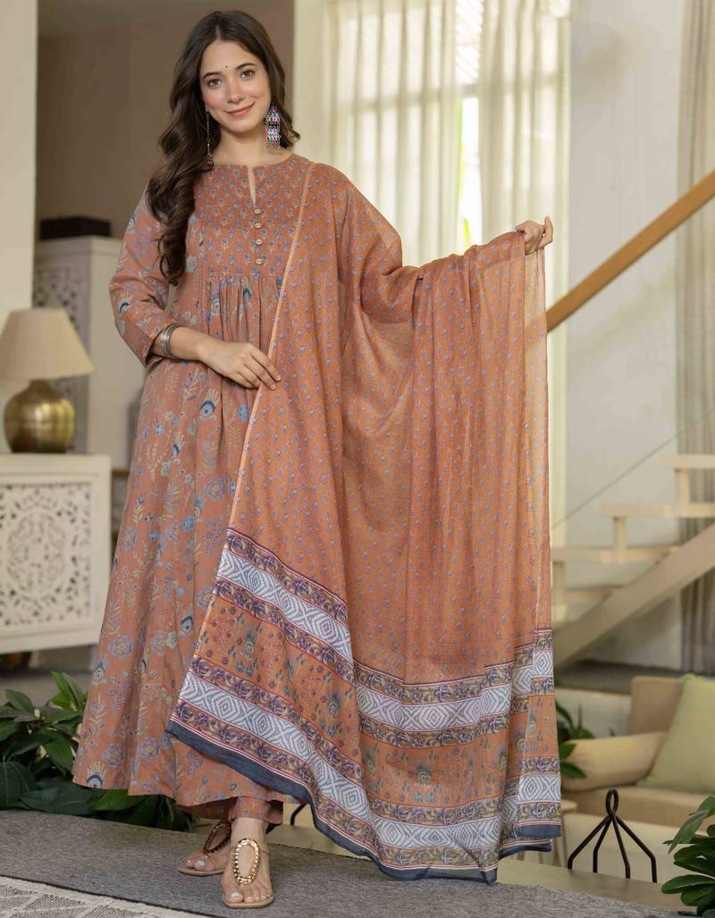 Women cotton printed round nack 3/4 sleeves calf length flared kurta pant and dupatta set