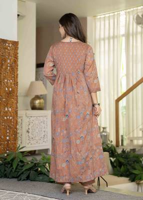 Women cotton printed round nack 3/4 sleeves calf length flared kurta pant and dupatta set 2