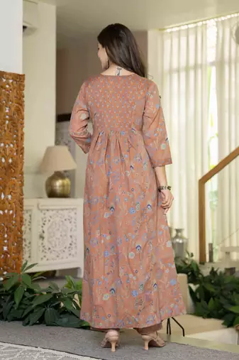 Women cotton printed round nack 3/4 sleeves calf length flared kurta pant and dupatta set