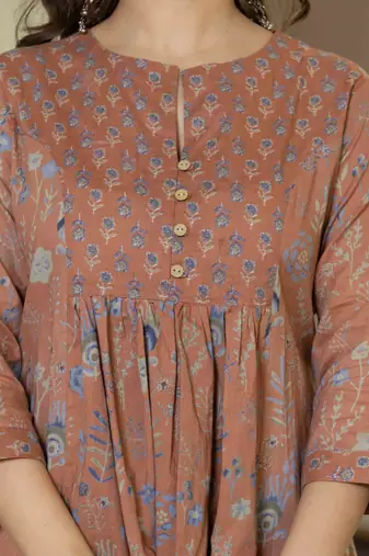 Women cotton printed round nack 3/4 sleeves calf length flared kurta pant and dupatta set