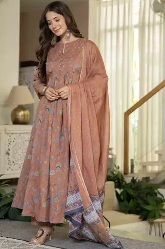 Women cotton printed round nack 3/4 sleeves calf length flared kurta pant and dupatta set
