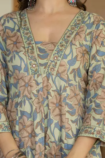 Women cotton printed v-nack 3/4 sleeves calf length flared kurta pant and dupatta set