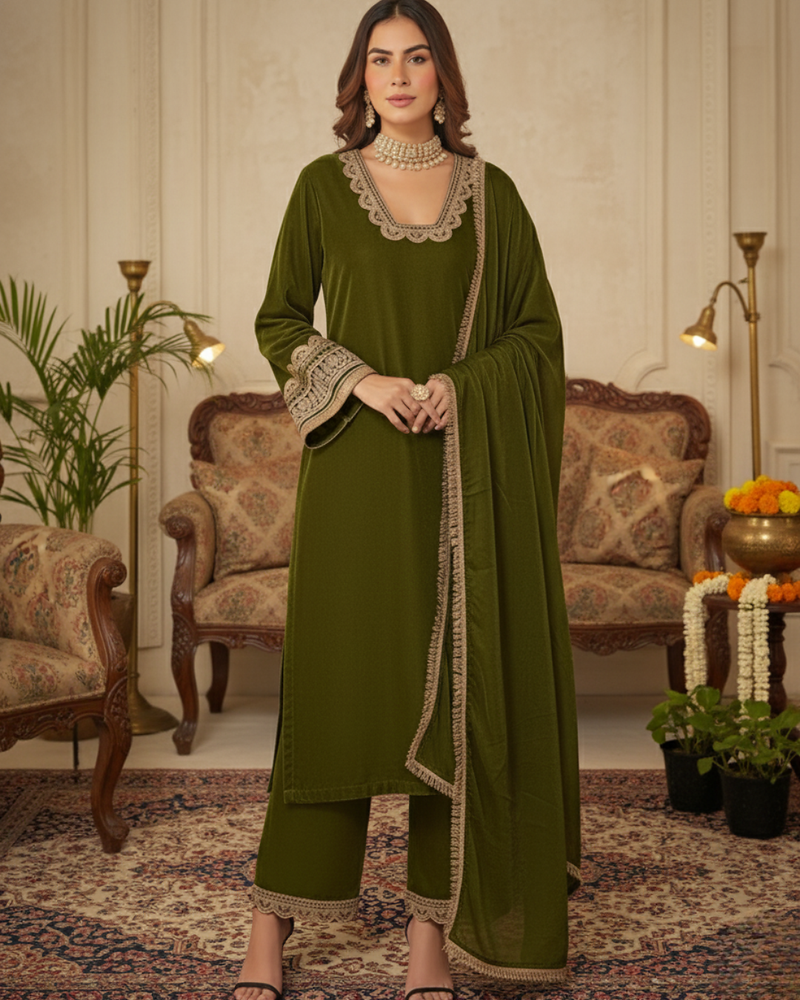 Mehendi Velvet Pakistani Style Readymade 3 Pc Salwar Suit
