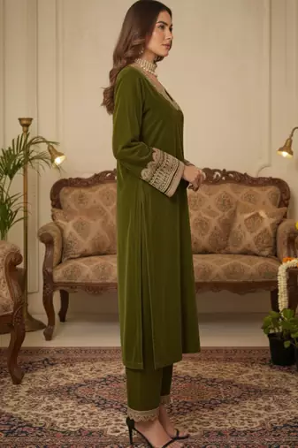 Mehendi Velvet Gotta Work Kurta set