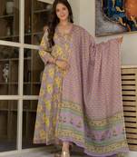 Women cotton printed v-nack 3/4 sleeves calf length flared kurta pant and dupatta set