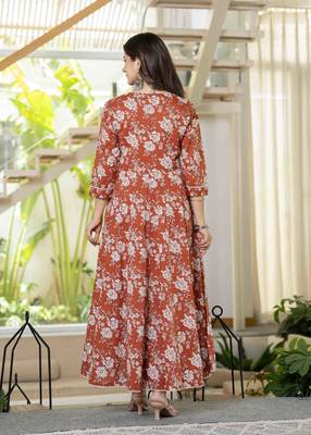 Women cotton printed round nack 3/4 sleeves calf length flared kurta pant and dupatta set 2