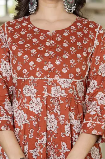 Women cotton printed round nack 3/4 sleeves calf length flared kurta pant and dupatta set