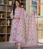 Women cotton printed round nack 3/4 sleeves calf length flared kurta pant and dupatta set