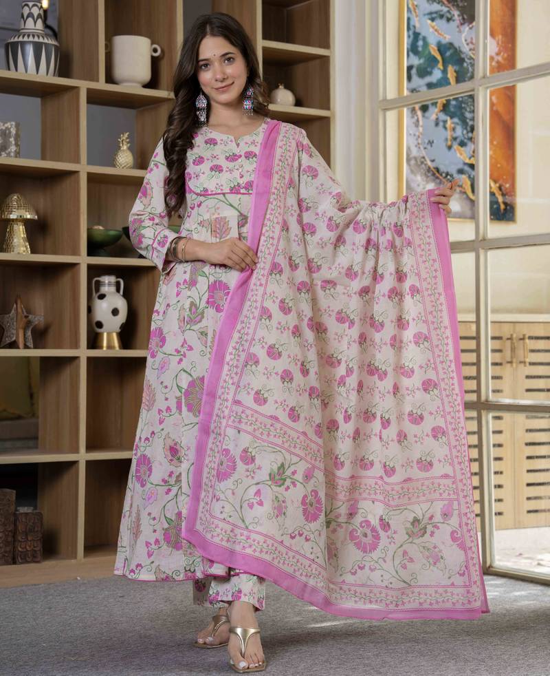 Women cotton printed round nack 3/4 sleeves calf length flared kurta pant and dupatta set