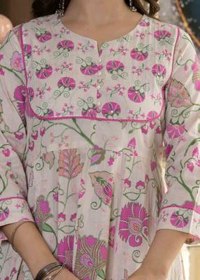 Women cotton printed round nack 3/4 sleeves calf length flared kurta pant and dupatta set 5