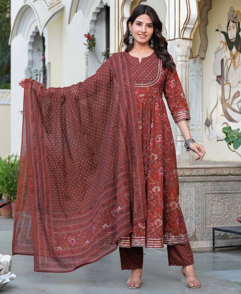Women cotton printed round nack 3/4 sleeves calf length flared kurta pant and dupatta set
