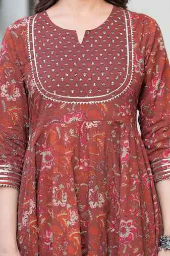 Women cotton printed round nack 3/4 sleeves calf length flared kurta pant and dupatta set
