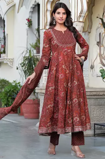 Women cotton printed round nack 3/4 sleeves calf length flared kurta pant and dupatta set