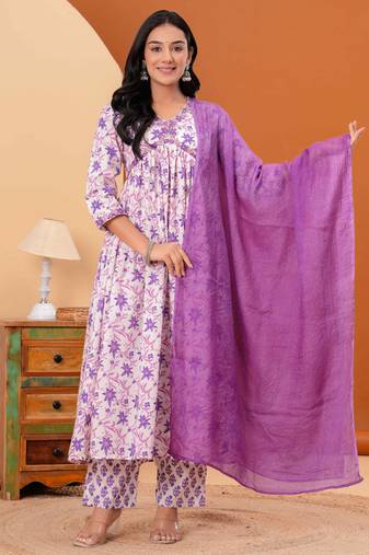 Women cotton printed v-nack 3/4 sleeves calf length alia cut kurta pant and dupatta set