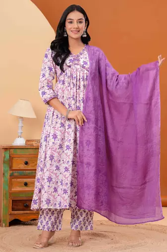 Women cotton printed v-nack 3/4 sleeves calf length alia cut kurta pant and dupatta set