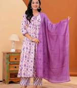 Women cotton printed v-nack 3/4 sleeves calf length alia cut kurta pant and dupatta set