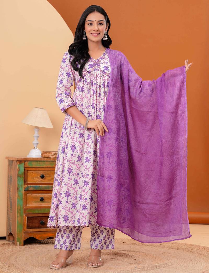Women cotton printed v-nack 3/4 sleeves calf length alia cut kurta pant and dupatta set