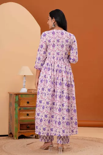 Women cotton printed v-nack 3/4 sleeves calf length alia cut kurta pant and dupatta set