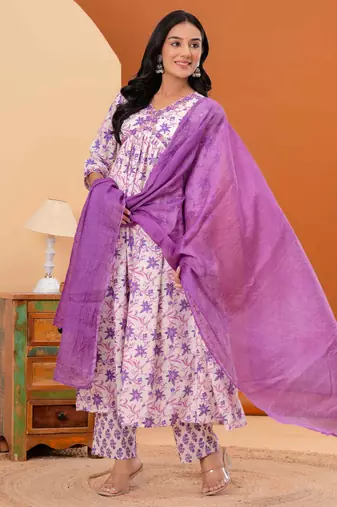 Women cotton printed v-nack 3/4 sleeves calf length alia cut kurta pant and dupatta set