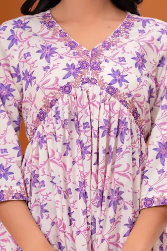 Women cotton printed v-nack 3/4 sleeves calf length alia cut kurta pant and dupatta set