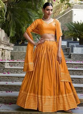 Orange Chanderi Plain With Zari Weaving Lehenga set with blouse and dupatta 1