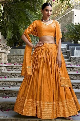 Orange Chanderi Plain With Zari Weaving Lehenga set with blouse and dupatta