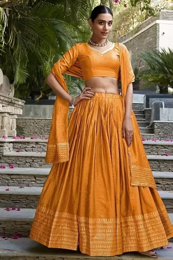 Orange Chanderi Plain With Zari Weaving Lehenga set with blouse and dupatta