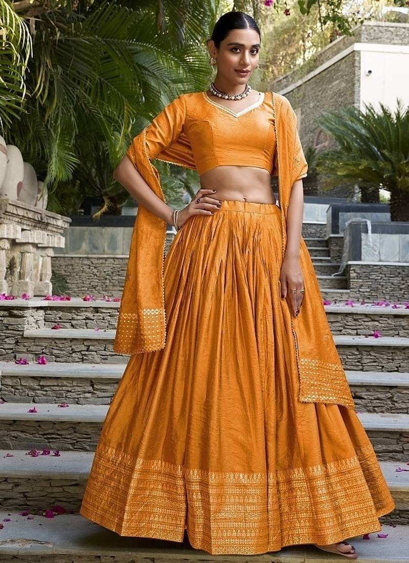 Orange Chanderi Plain With Zari Weaving Lehenga set with blouse and dupatta