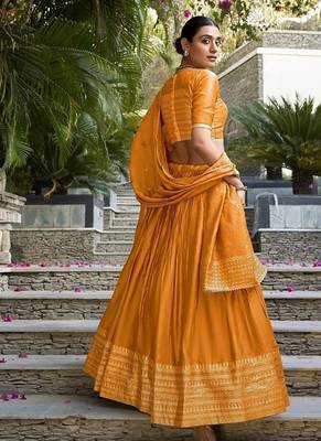 Orange Chanderi Plain With Zari Weaving Lehenga set with blouse and dupatta 2