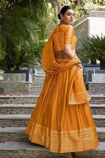 Orange Chanderi Plain With Zari Weaving Lehenga set with blouse and dupatta