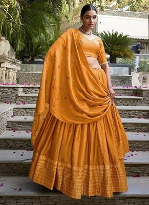Orange Chanderi Plain With Zari Weaving Lehenga set with blouse and dupatta 3