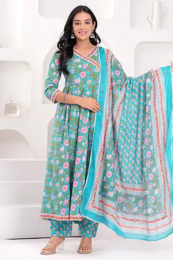 Women cotton printed v-nack 3/4 sleeves calf length angrakha kurta pant and dupatta set