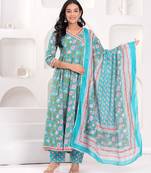 Women cotton printed v-nack 3/4 sleeves calf length angrakha kurta pant and dupatta set