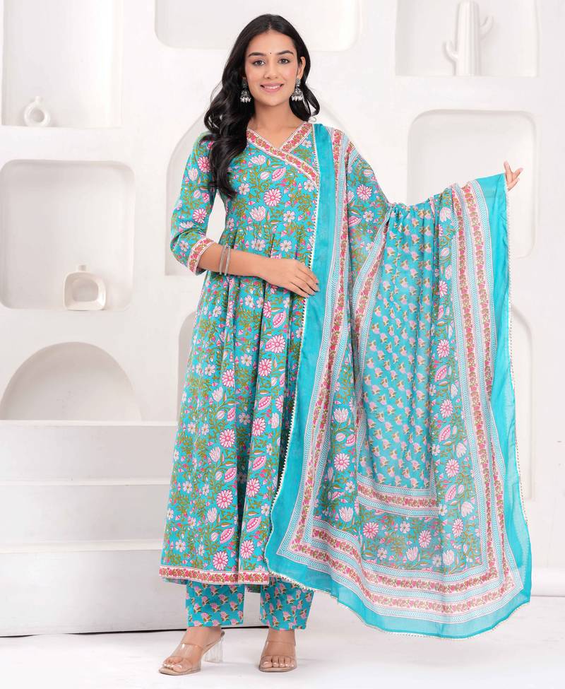 Women cotton printed v-nack 3/4 sleeves calf length angrakha kurta pant and dupatta set