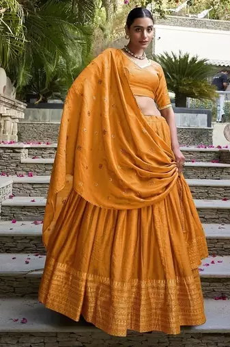 Orange Chanderi Plain With Zari Weaving Lehenga set with blouse and dupatta