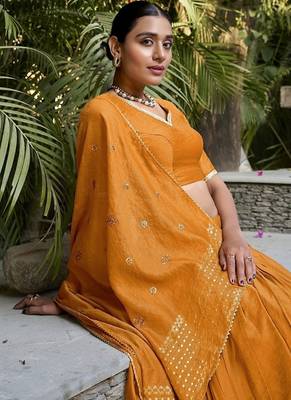 Orange Chanderi Plain With Zari Weaving Lehenga set with blouse and dupatta 5