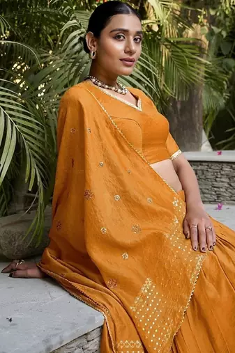Orange Chanderi Plain With Zari Weaving Lehenga set with blouse and dupatta