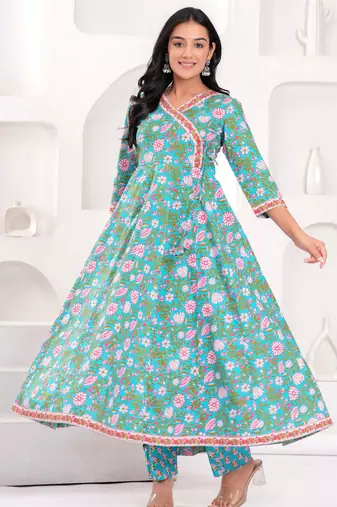 Women cotton printed v-nack 3/4 sleeves calf length angrakha kurta pant and dupatta set