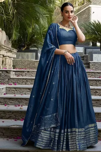 Navy blue Chanderi Plain With Zari Weaving Work Lehenga set with blouse and dupatta