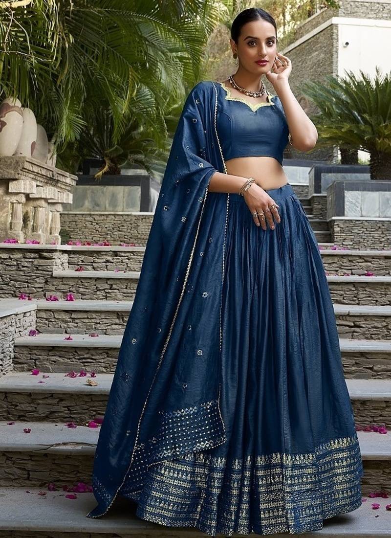 Navy blue Chanderi Plain With Zari Weaving Work Lehenga set with blouse and dupatta