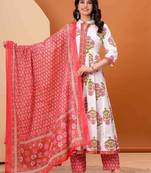 Women cotton printed mandarin collar nack calf length flared kurta pant and dupatta set