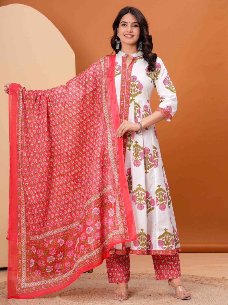 Women cotton printed mandarin collar nack calf length flared kurta pant and dupatta set