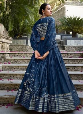 Navy blue Chanderi Plain With Zari Weaving Work Lehenga set with blouse and dupatta 2