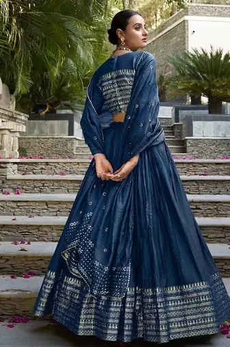 Navy blue Chanderi Plain With Zari Weaving Work Lehenga set with blouse and dupatta