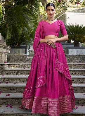 Rani pink Chanderi Plain With Zari Weaving Lehenga set with blouse and dupatta 1